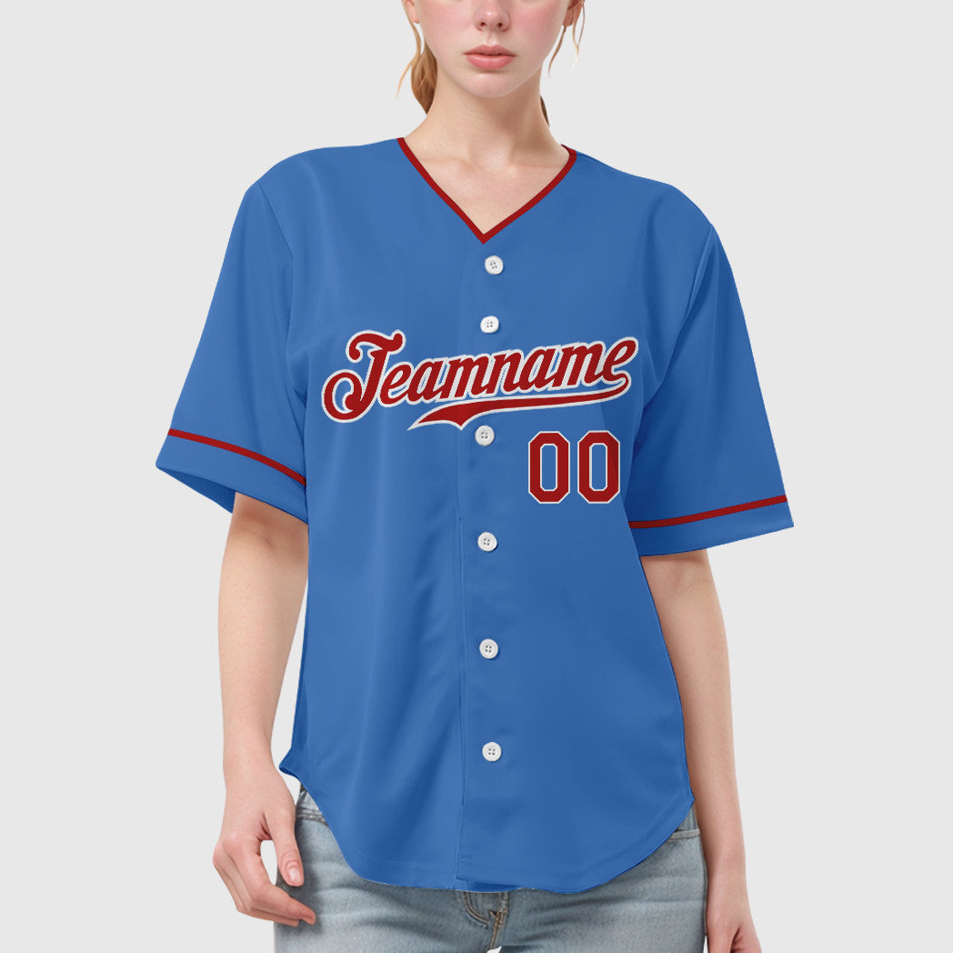 Custom Powder Blue White Red Collar Sleeve Baseball Jersey