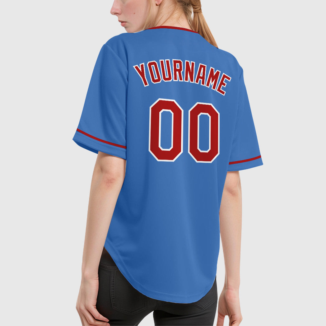 Custom Powder Blue White Red Collar Sleeve Baseball Jersey