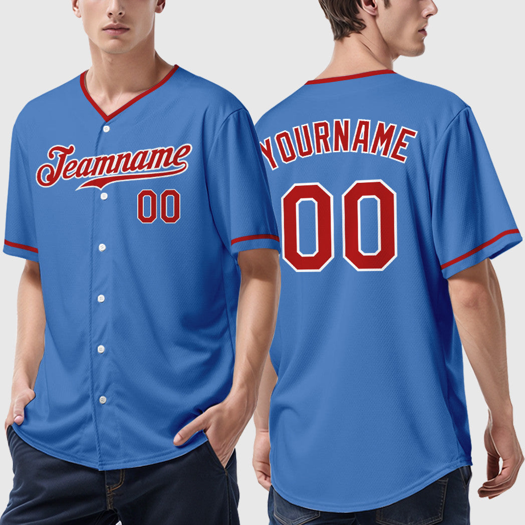 Custom Powder Blue White Red Collar Sleeve Baseball Jersey