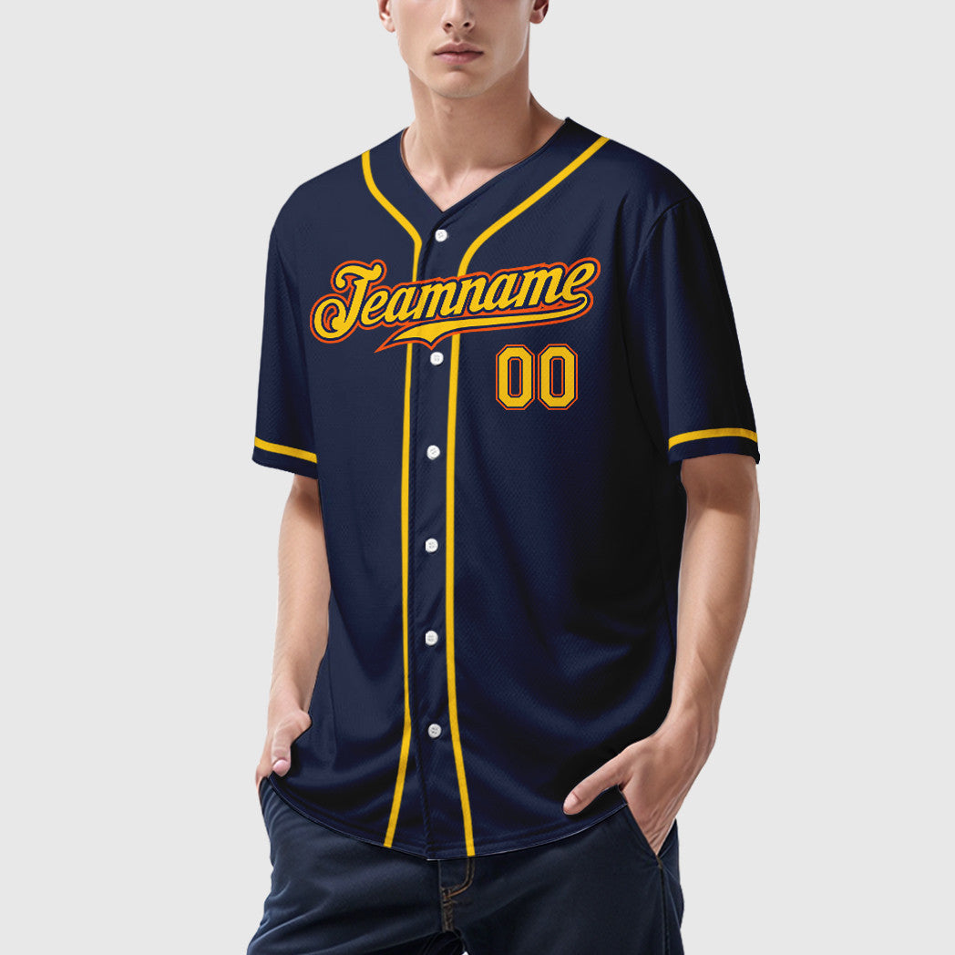 Custom Navy White Gold-Orange Sleeve Baseball Jersey