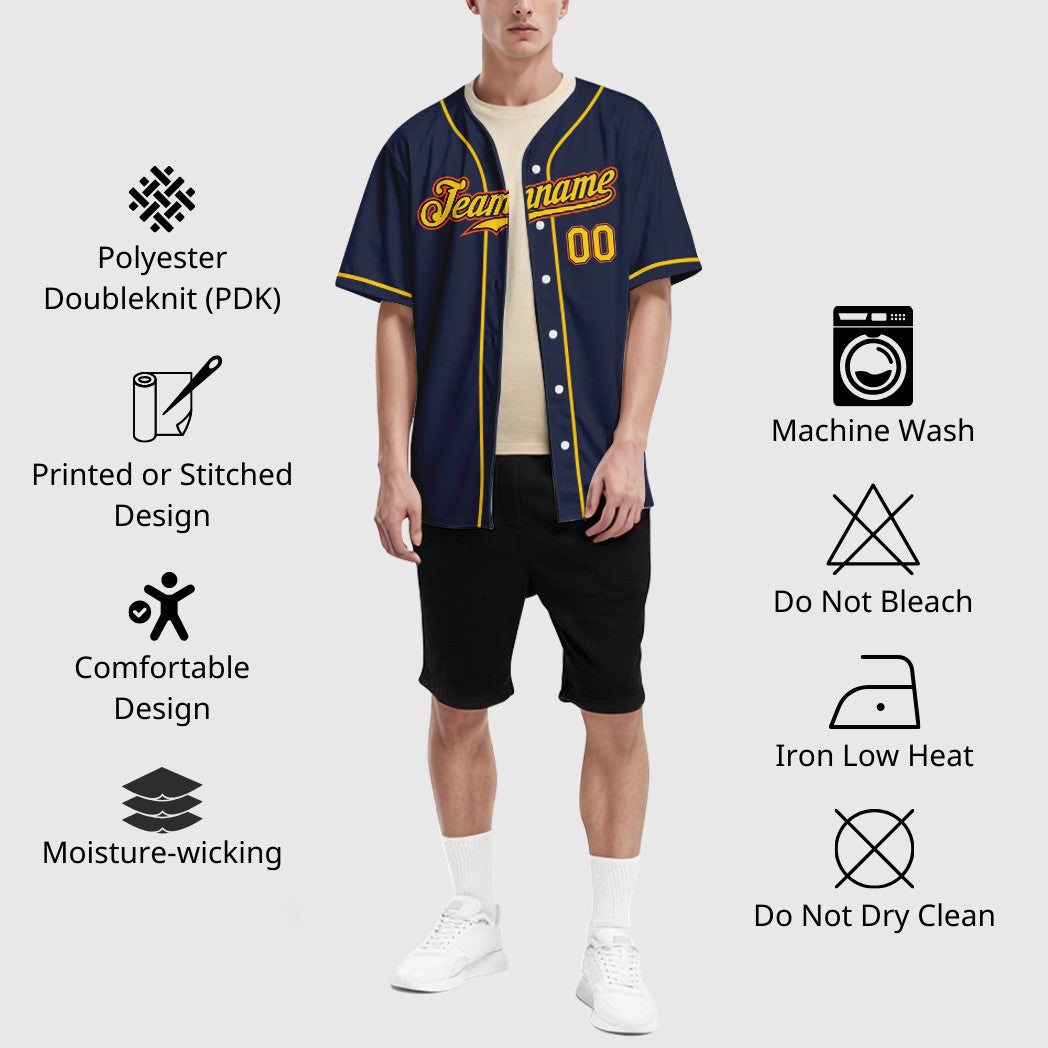 Custom Navy White Gold-Orange Sleeve Baseball Jersey