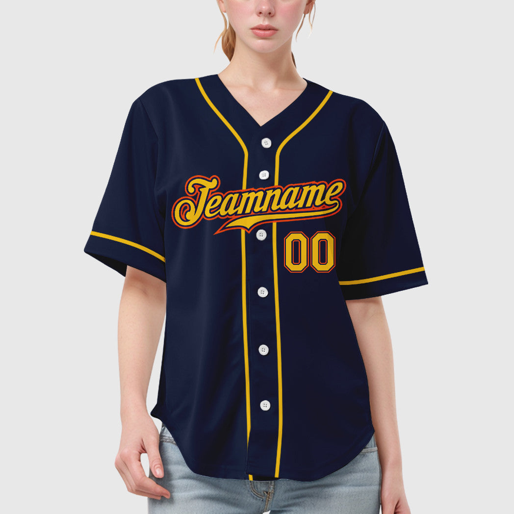 Custom Navy White Gold-Orange Sleeve Baseball Jersey