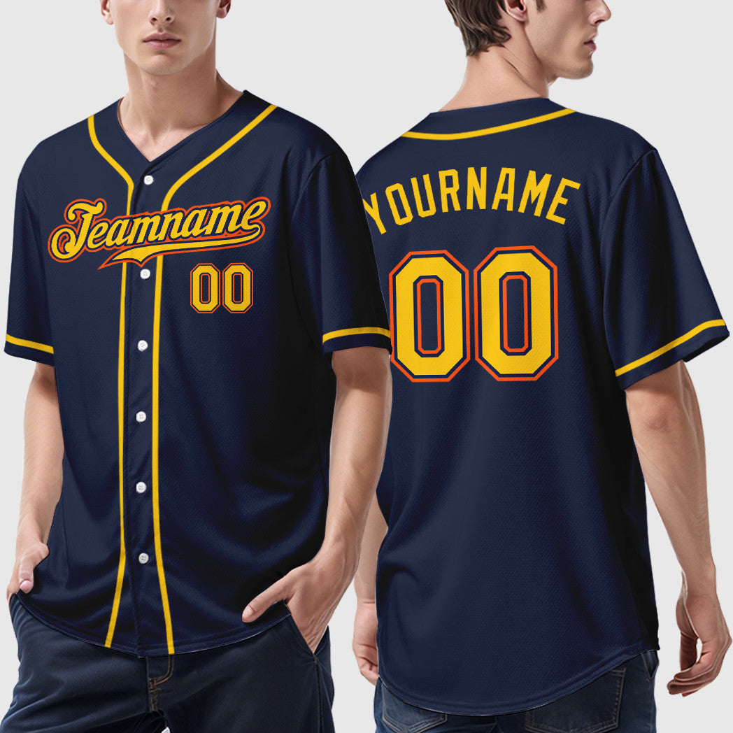 Custom Navy White Gold-Orange Sleeve Baseball Jersey