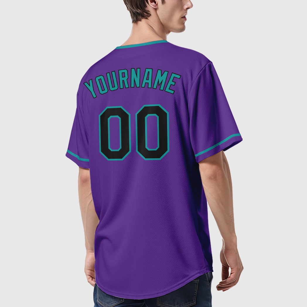Custom Purple Black Teal Collar Sleeve Baseball Jersey