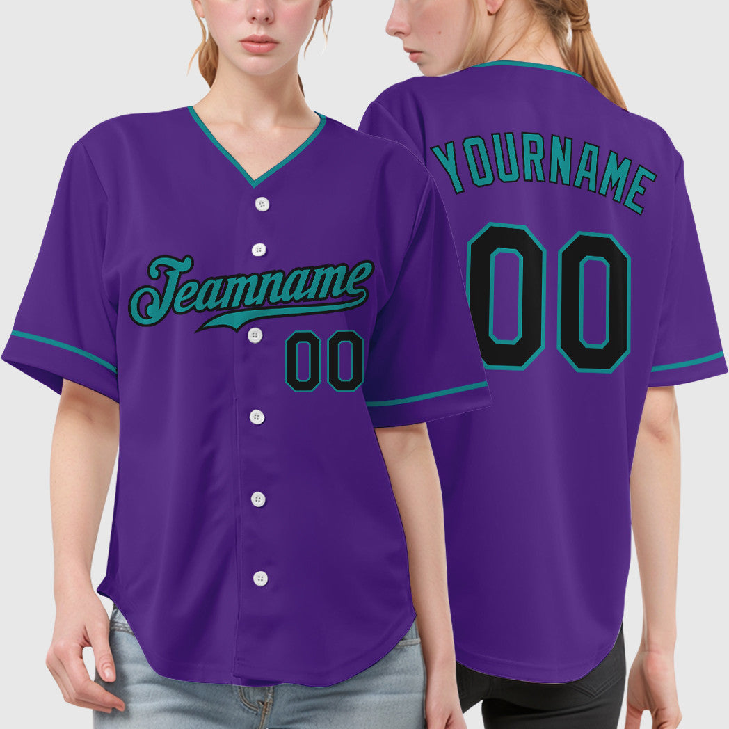 Custom Purple Black Teal Collar Sleeve Baseball Jersey