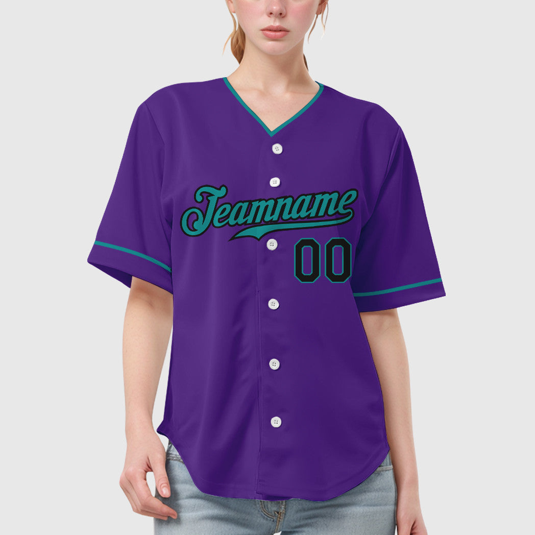 Custom Purple Black Teal Collar Sleeve Baseball Jersey