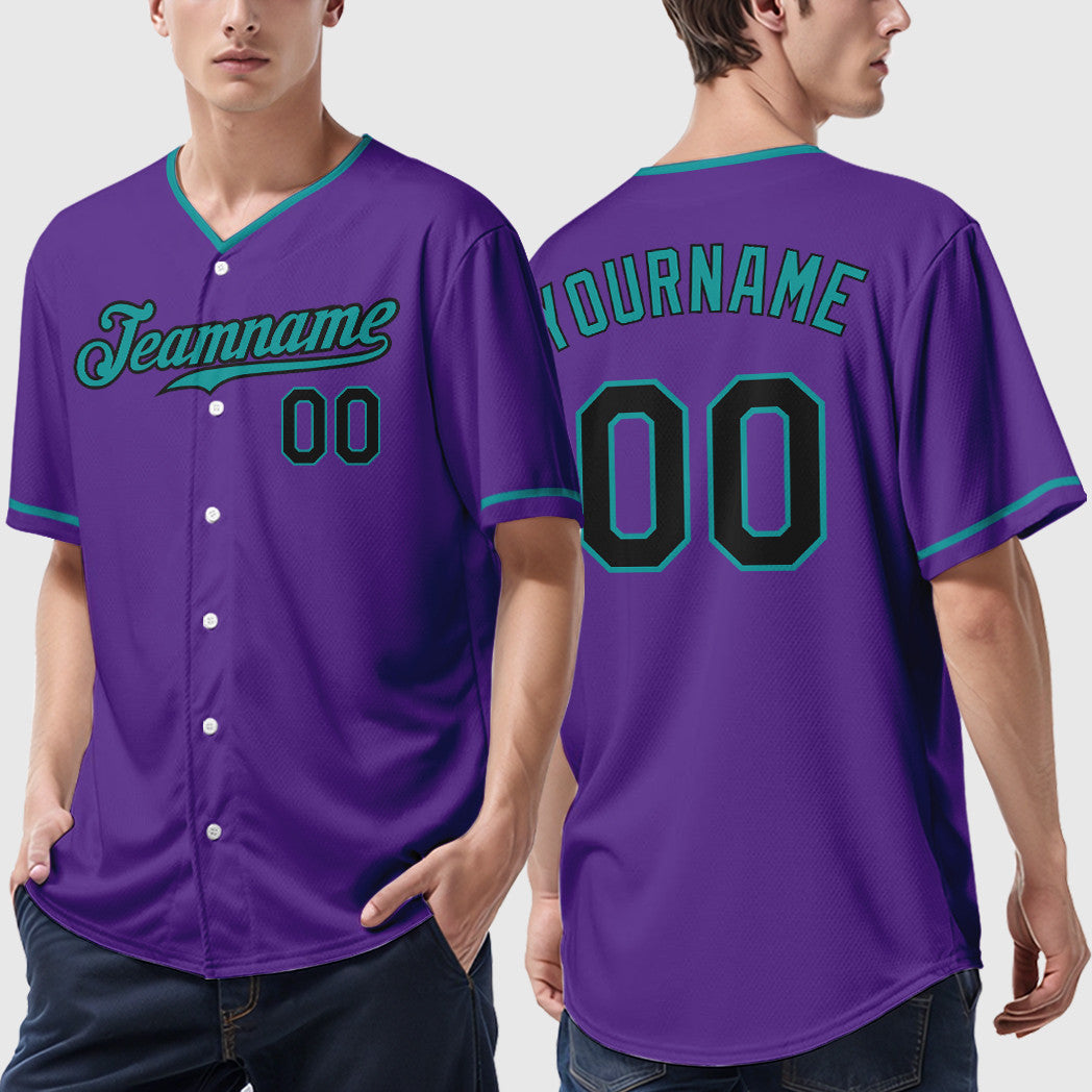 Custom Purple Black Teal Collar Sleeve Baseball Jersey