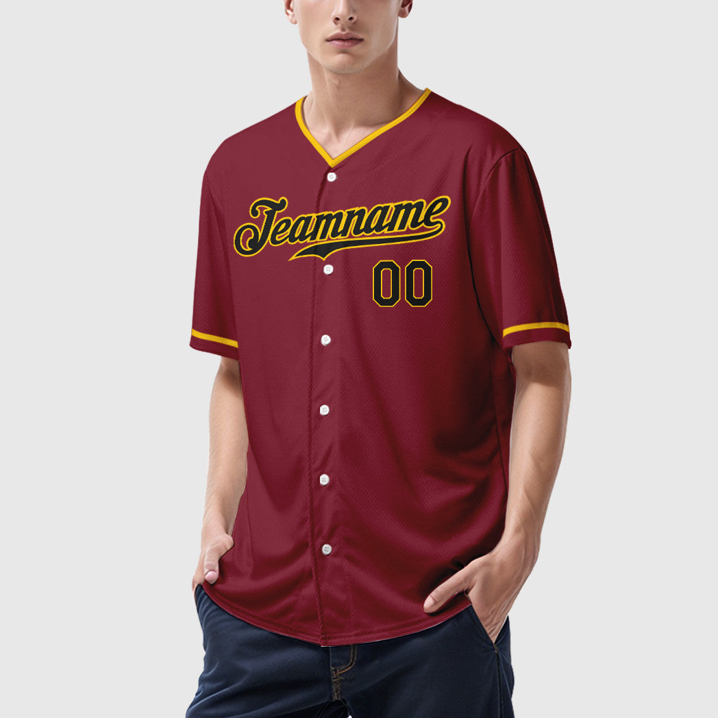Custom Crimson Black Black-Gold Collar Sleeve Baseball Jersey