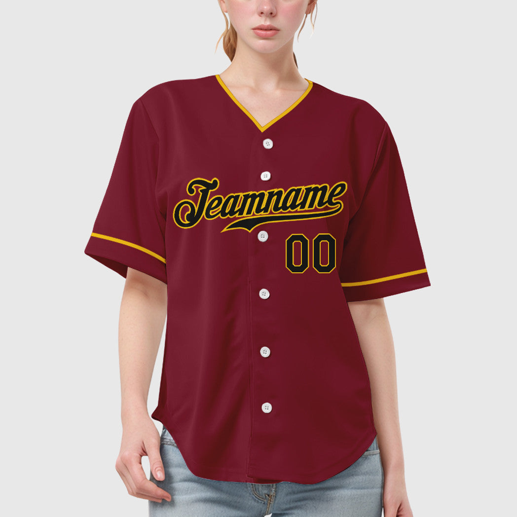 Custom Crimson Black Black-Gold Collar Sleeve Baseball Jersey