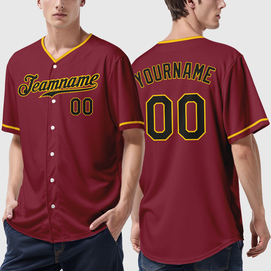 Custom Crimson Black Black-Gold Collar Sleeve Baseball Jersey