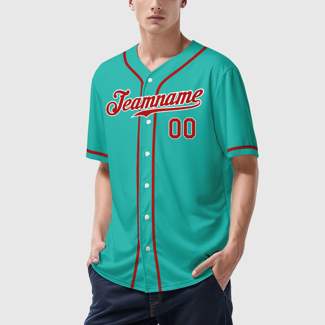 Custom Aqua White Red Sleeve Baseball Jersey