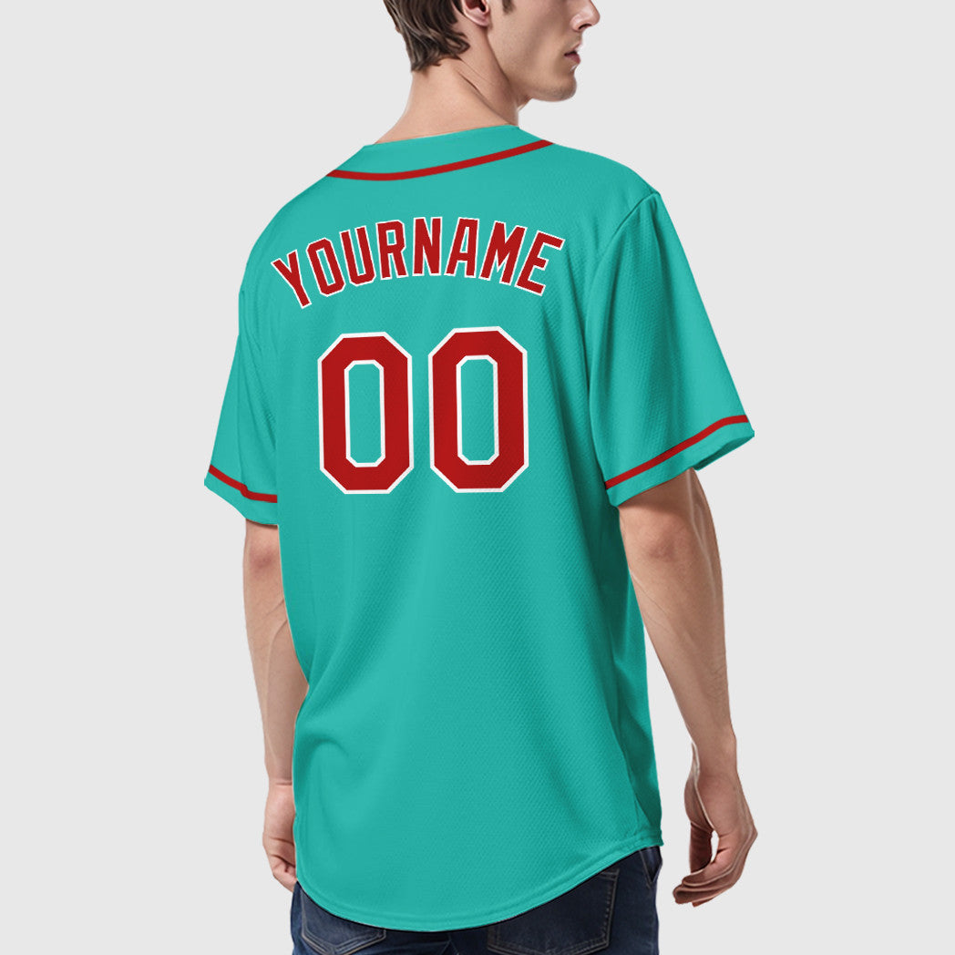 Custom Aqua White Red Sleeve Baseball Jersey