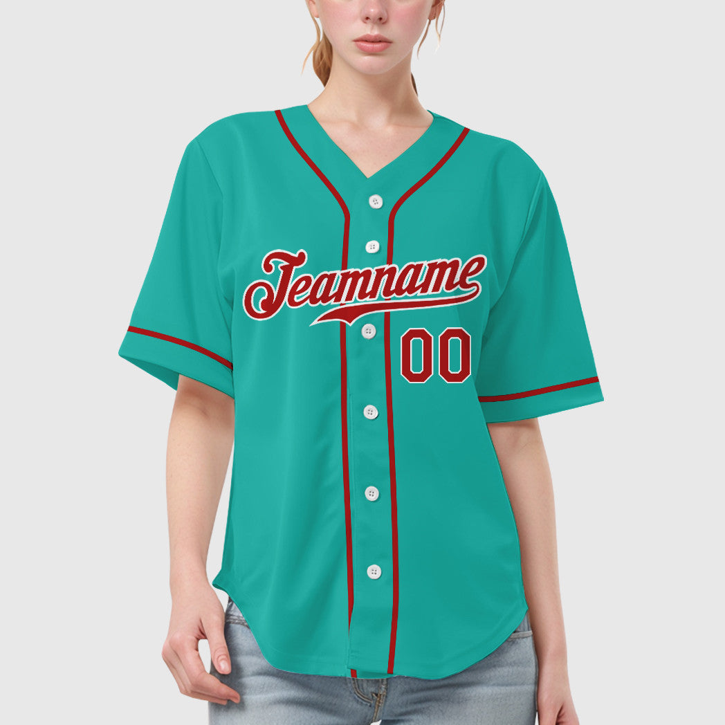 Custom Aqua White Red Sleeve Baseball Jersey