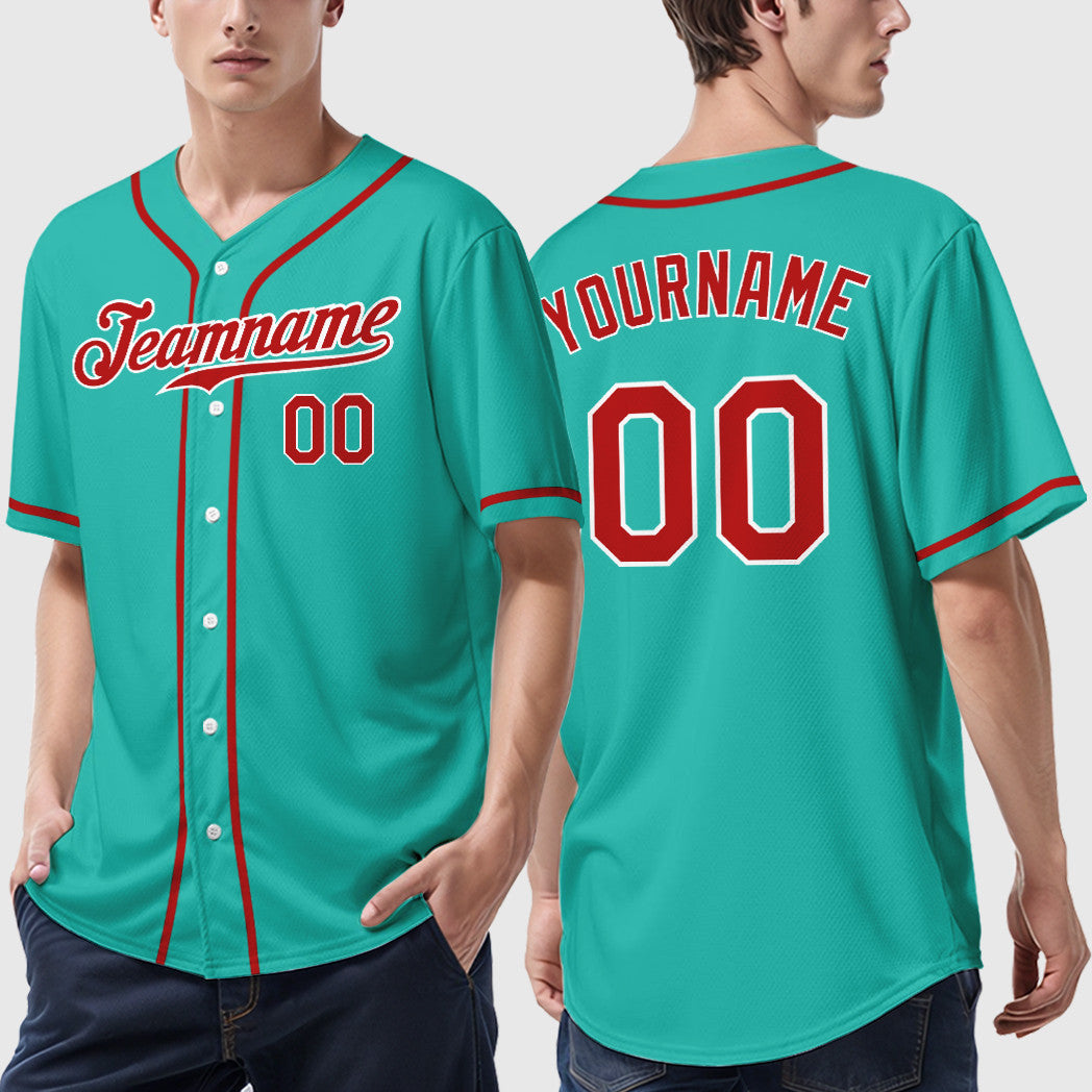 Custom Aqua White Red Sleeve Baseball Jersey