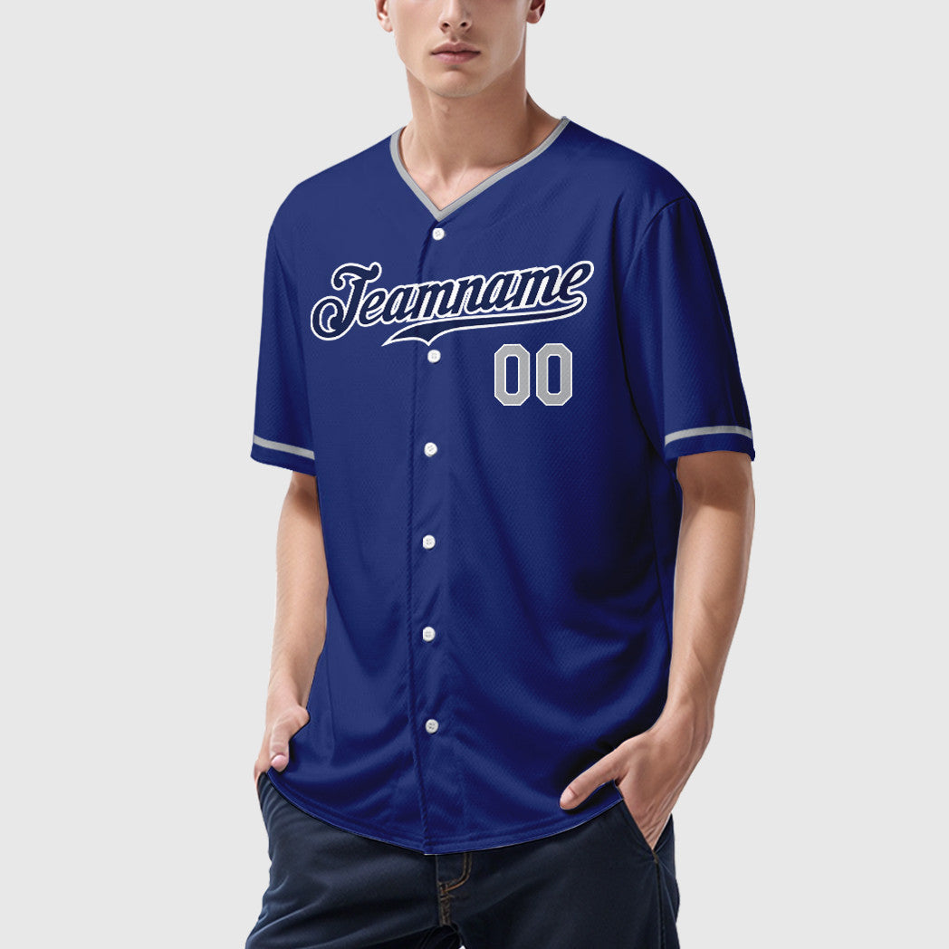 Custom Royal White Gray-Navy Collar Sleeve Baseball Jersey
