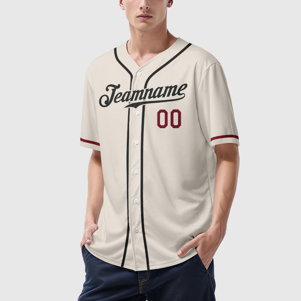 Custom Cream Black Crimson Sleeve Baseball Jersey