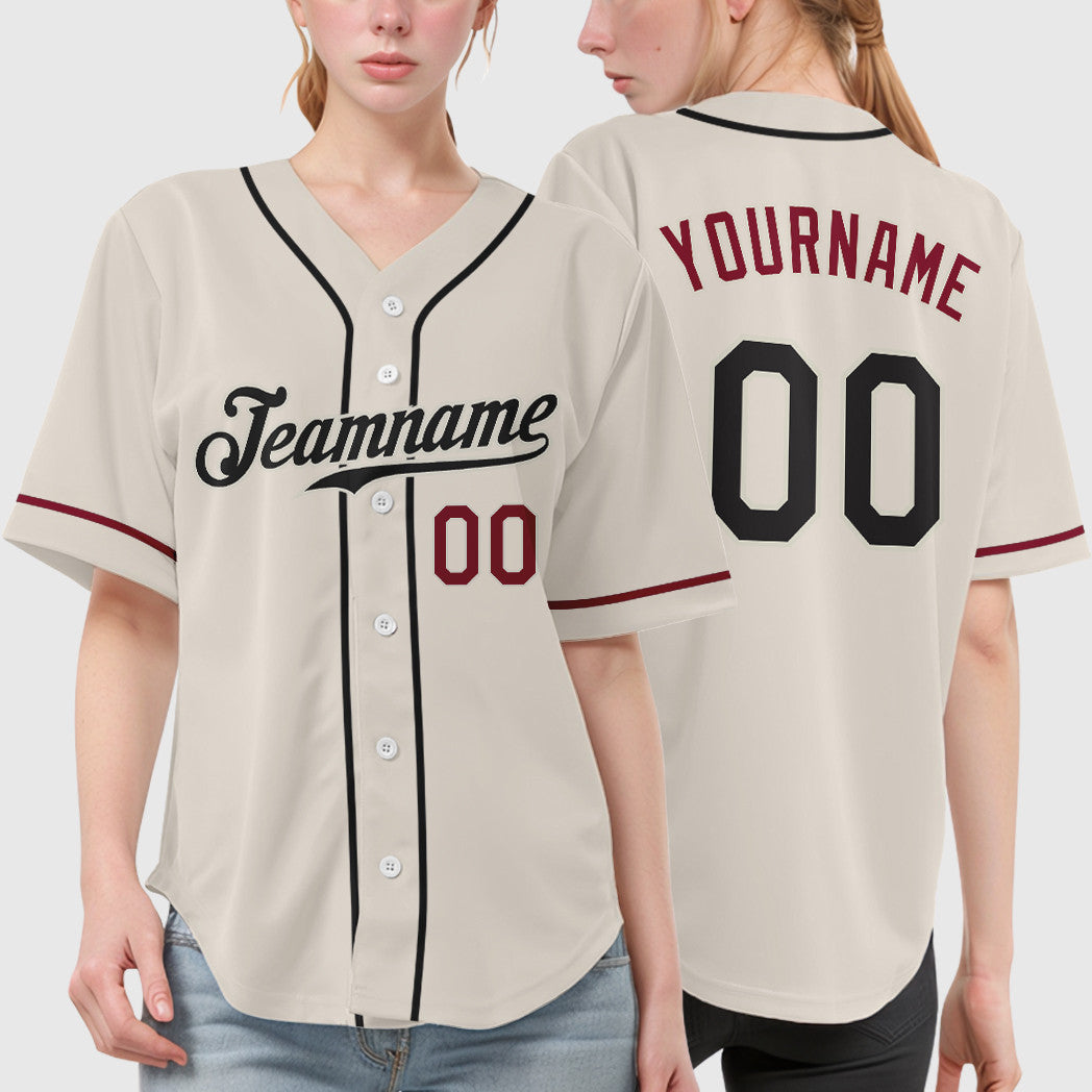 Custom Cream Black Crimson Sleeve Baseball Jersey