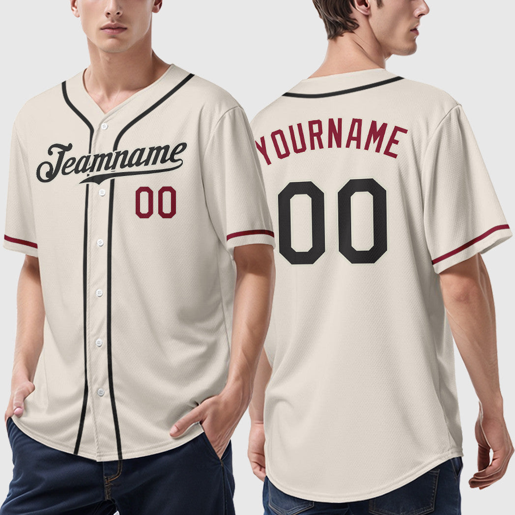 Custom Cream Black Crimson Sleeve Baseball Jersey