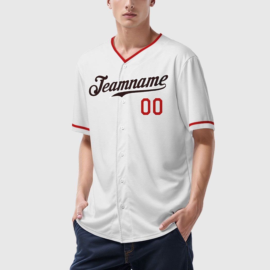 Custom White Brown Red-Brown Collar Sleeve Baseball Jersey