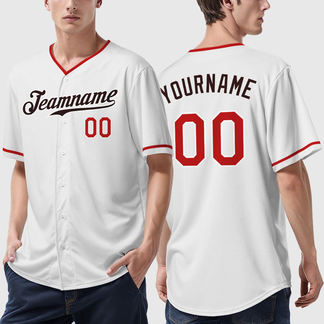 Custom White Brown Red-Brown Collar Sleeve Baseball Jersey