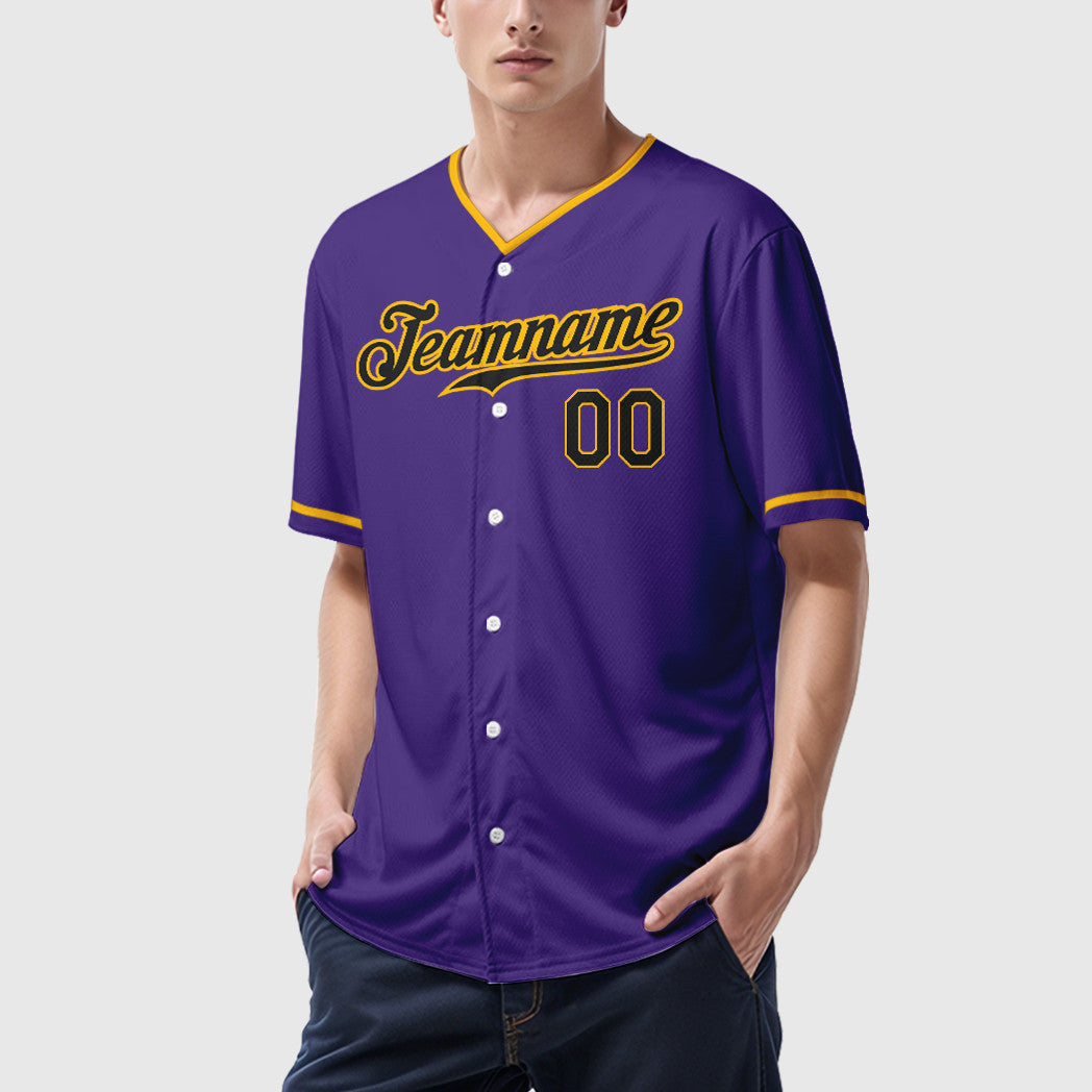 Custom Purple Black Black-Gold Collar Sleeve Baseball Jersey