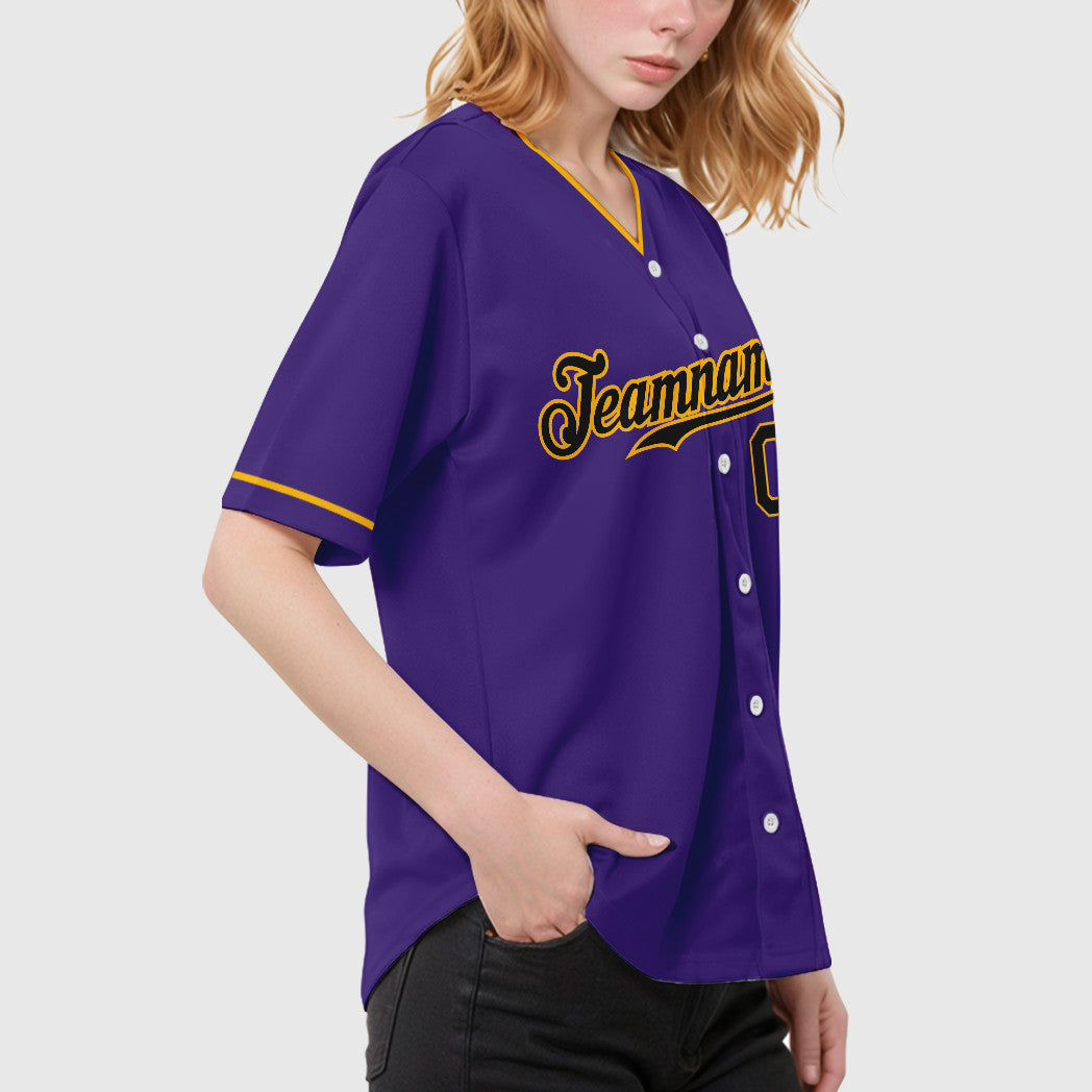 Custom Purple Black Black-Gold Collar Sleeve Baseball Jersey