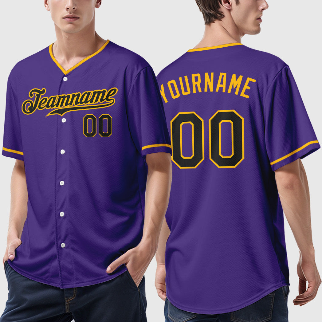 Custom Purple Black Black-Gold Collar Sleeve Baseball Jersey
