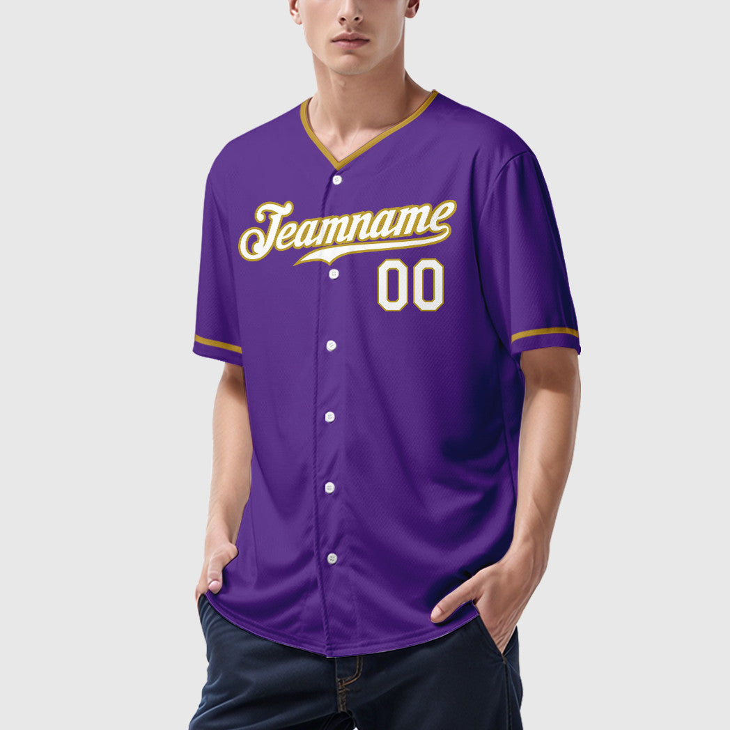 Custom Purple White Old Gold Collar Sleeve Baseball Jersey