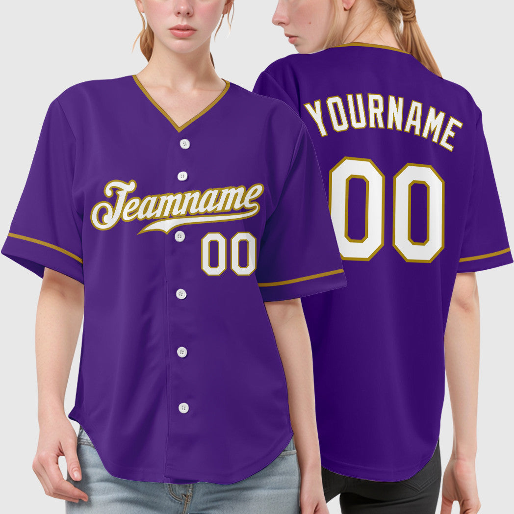 Custom Purple White Old Gold Collar Sleeve Baseball Jersey