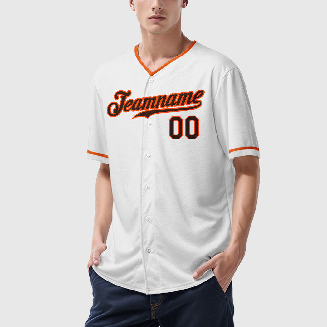 Custom White Brown Brown-Orange Collar Sleeve Baseball Jersey