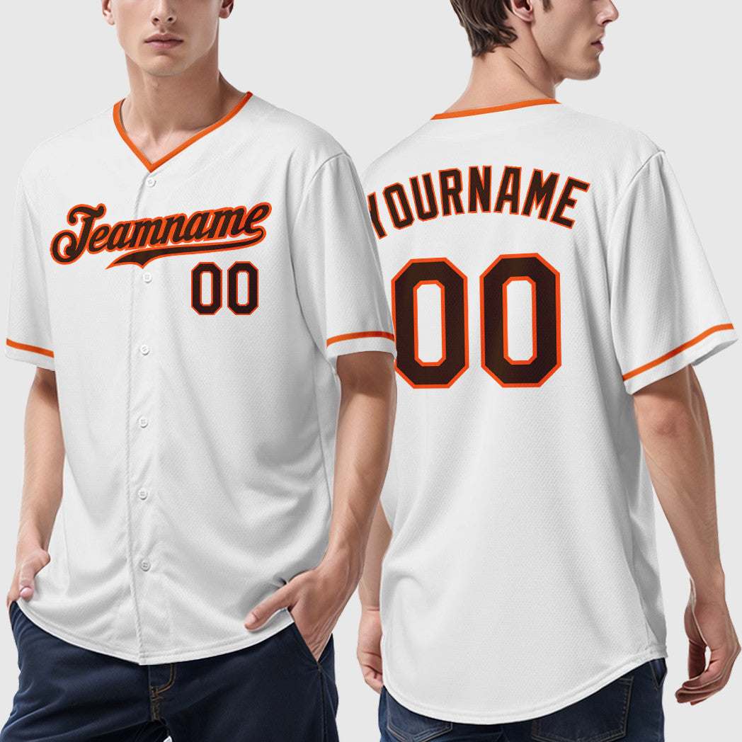 Custom White Brown Brown-Orange Collar Sleeve Baseball Jersey