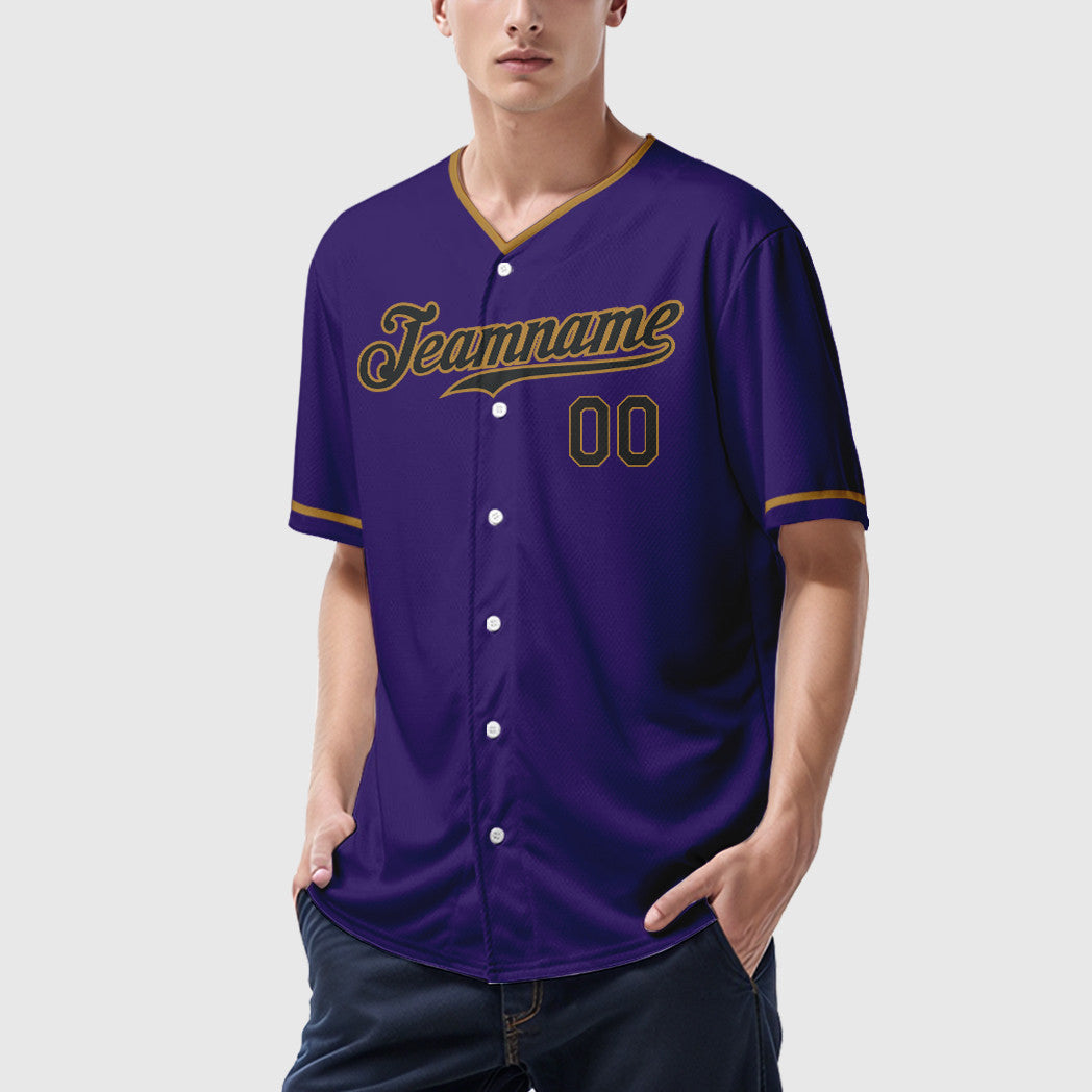 Custom Purple Black Black-Old Gold Collar Sleeve Baseball Jersey
