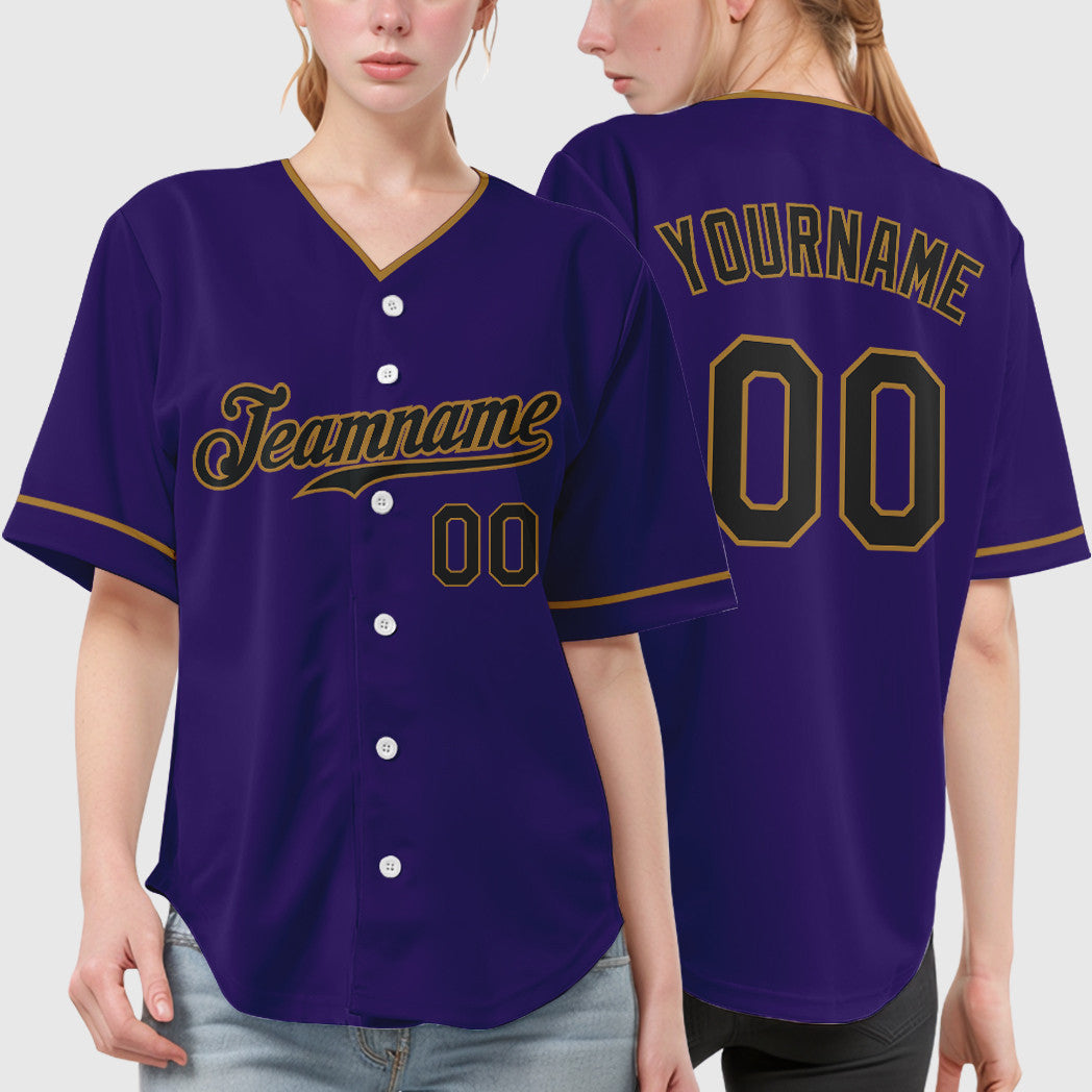 Custom Purple Black Black-Old Gold Collar Sleeve Baseball Jersey