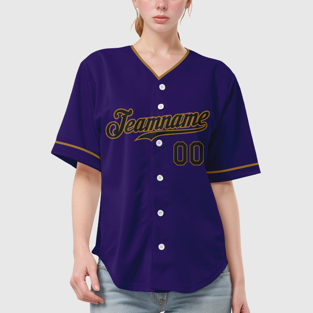 Custom Purple Black Black-Old Gold Collar Sleeve Baseball Jersey