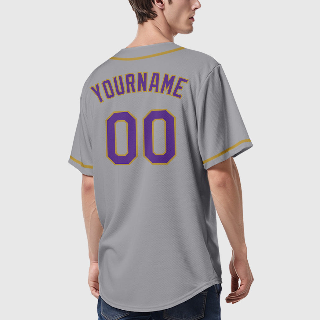Custom Gray Purple Old Gold Sleeve Baseball Jersey