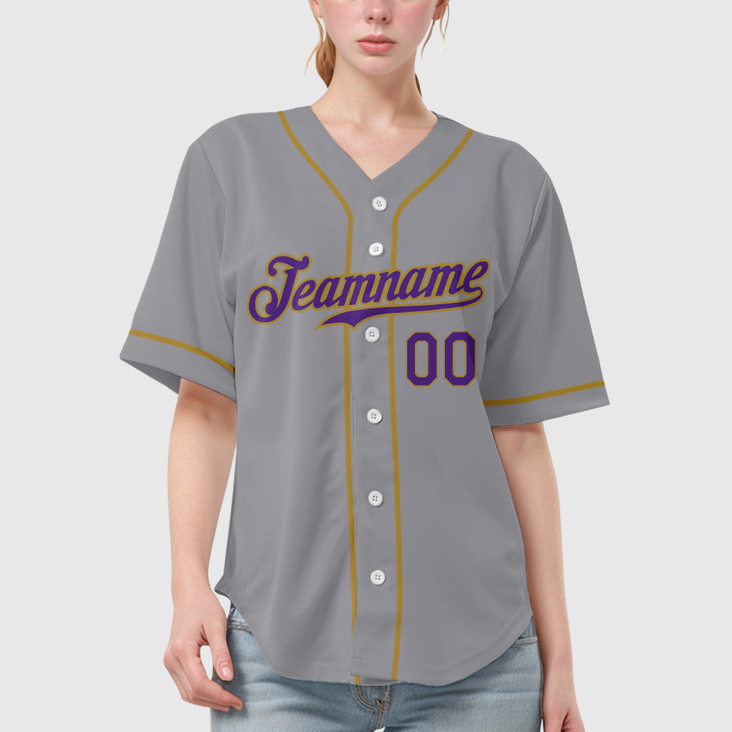 Custom Gray Purple Old Gold Sleeve Baseball Jersey