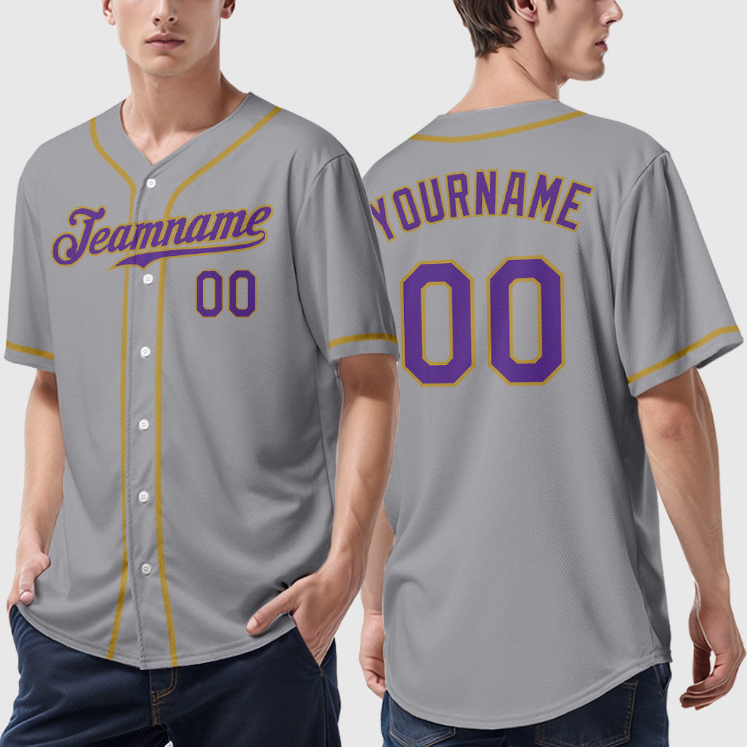 Custom Gray Purple Old Gold Sleeve Baseball Jersey