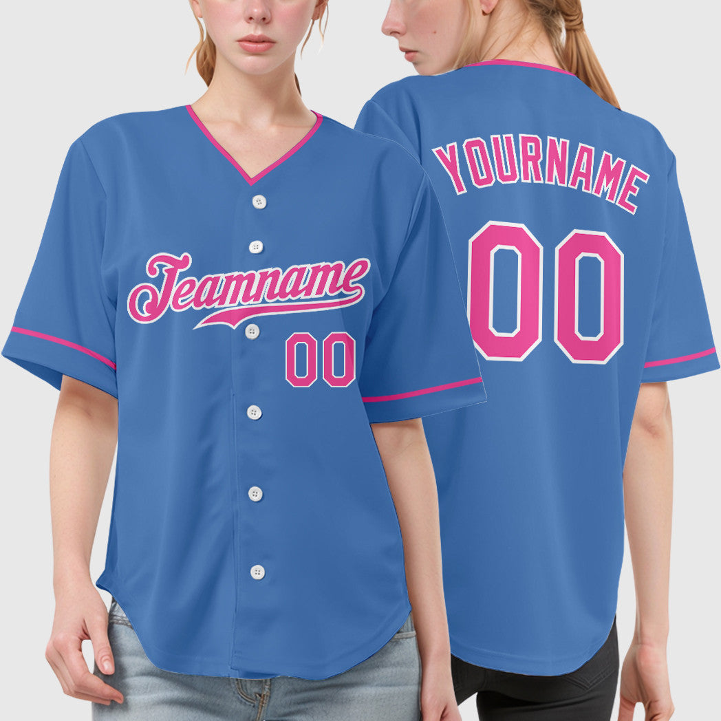 Custom Powder Blue White Pink Collar Sleeve Baseball Jersey