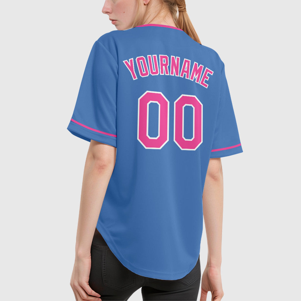 Custom Powder Blue White Pink Collar Sleeve Baseball Jersey