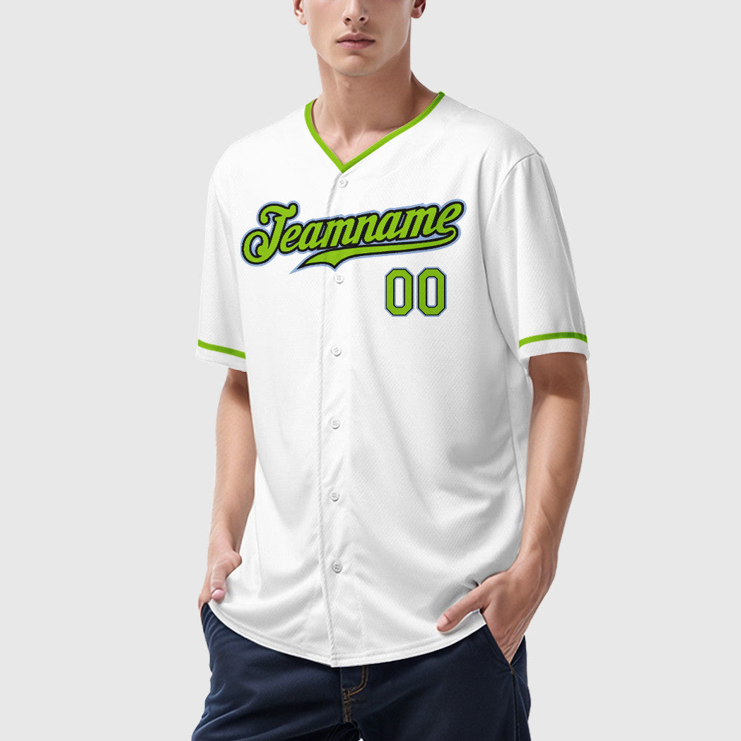 Custom White Light Blue Neon Green-Black Collar Sleeve Baseball Jersey