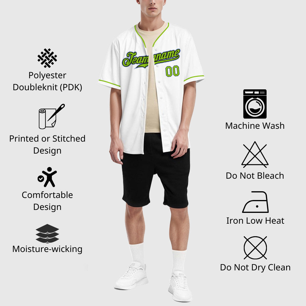 Custom White Light Blue Neon Green-Black Collar Sleeve Baseball Jersey