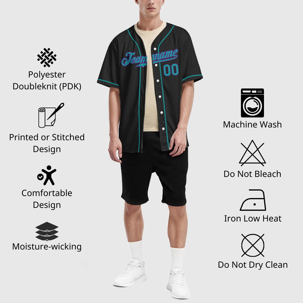Custom Black White Teal-Purple Sleeve Baseball Jersey