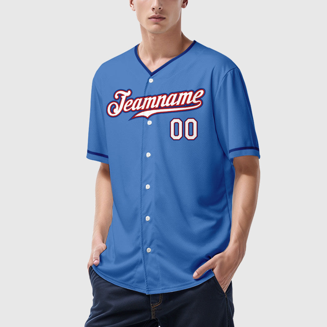 Custom Powder Blue Red White-Royal Collar Sleeve Baseball Jersey