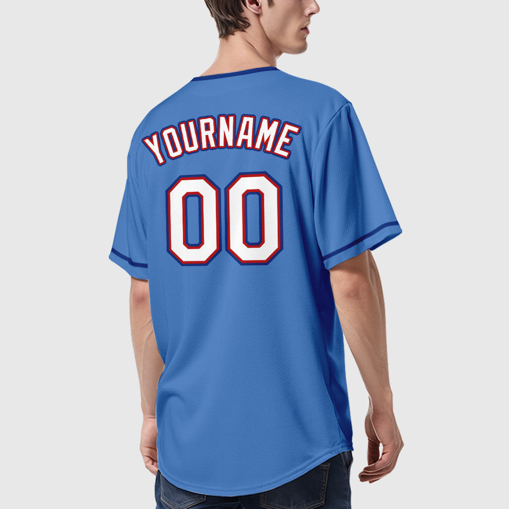 Custom Powder Blue Red White-Royal Collar Sleeve Baseball Jersey