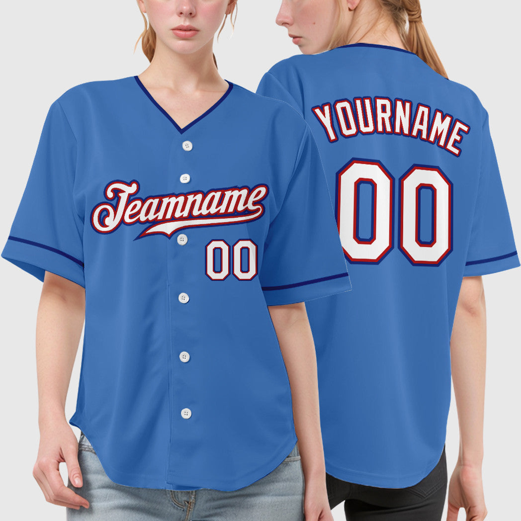 Custom Powder Blue Red White-Royal Collar Sleeve Baseball Jersey
