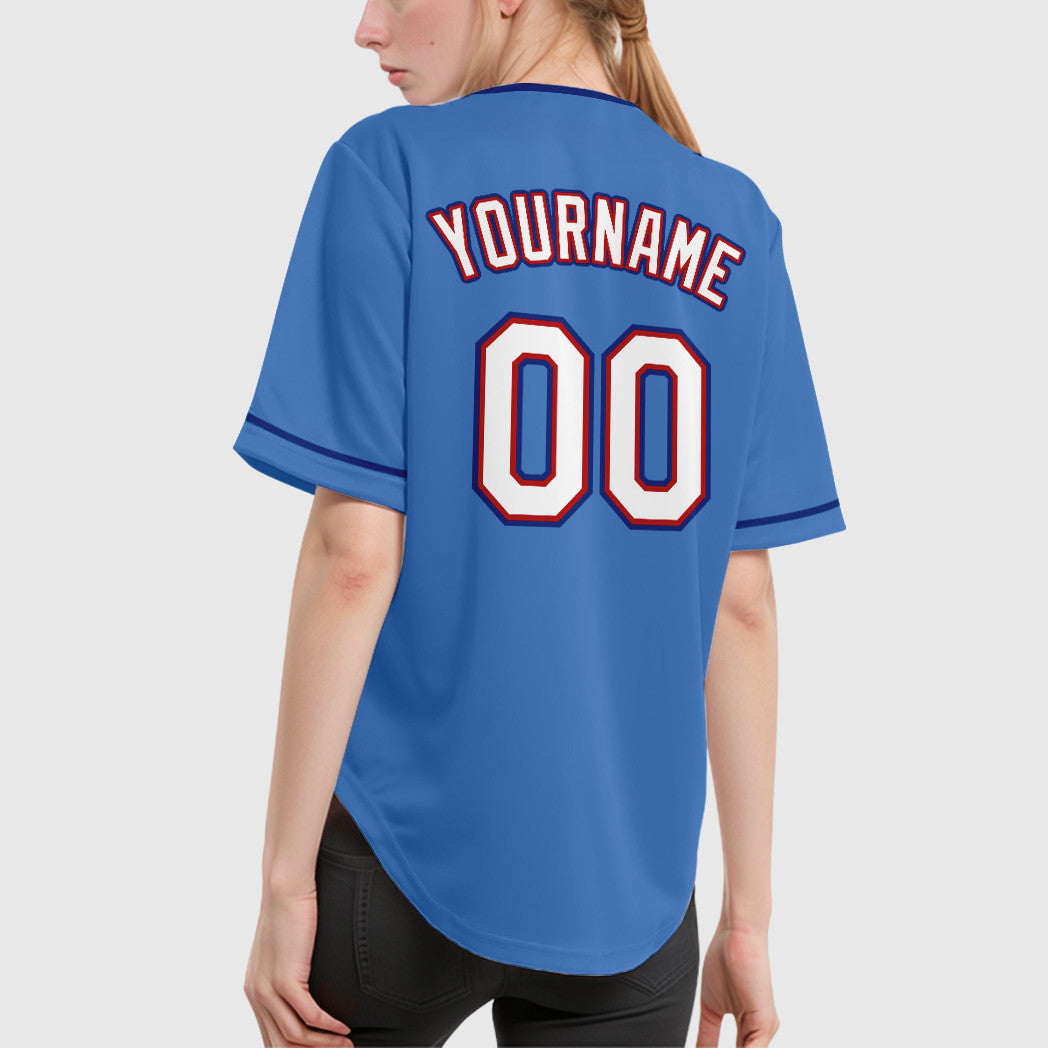 Custom Powder Blue Red White-Royal Collar Sleeve Baseball Jersey