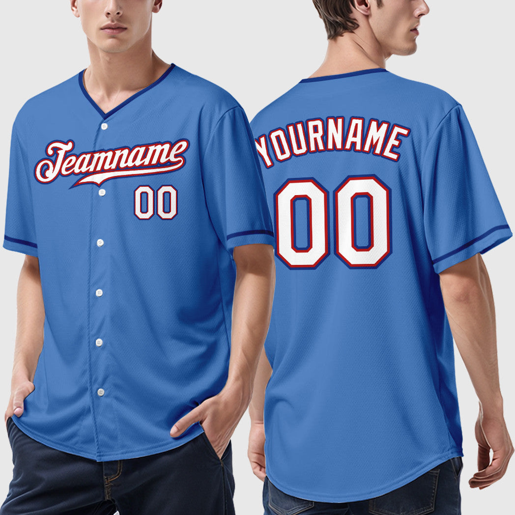 Custom Powder Blue Red White-Royal Collar Sleeve Baseball Jersey
