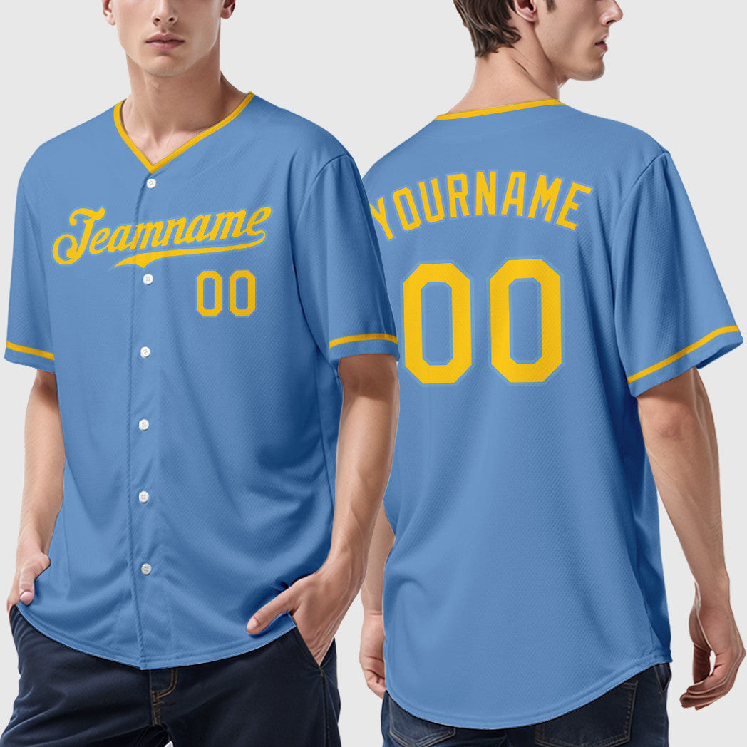 Custom Light Blue Yellow Yellow Collar Sleeve Baseball Jersey