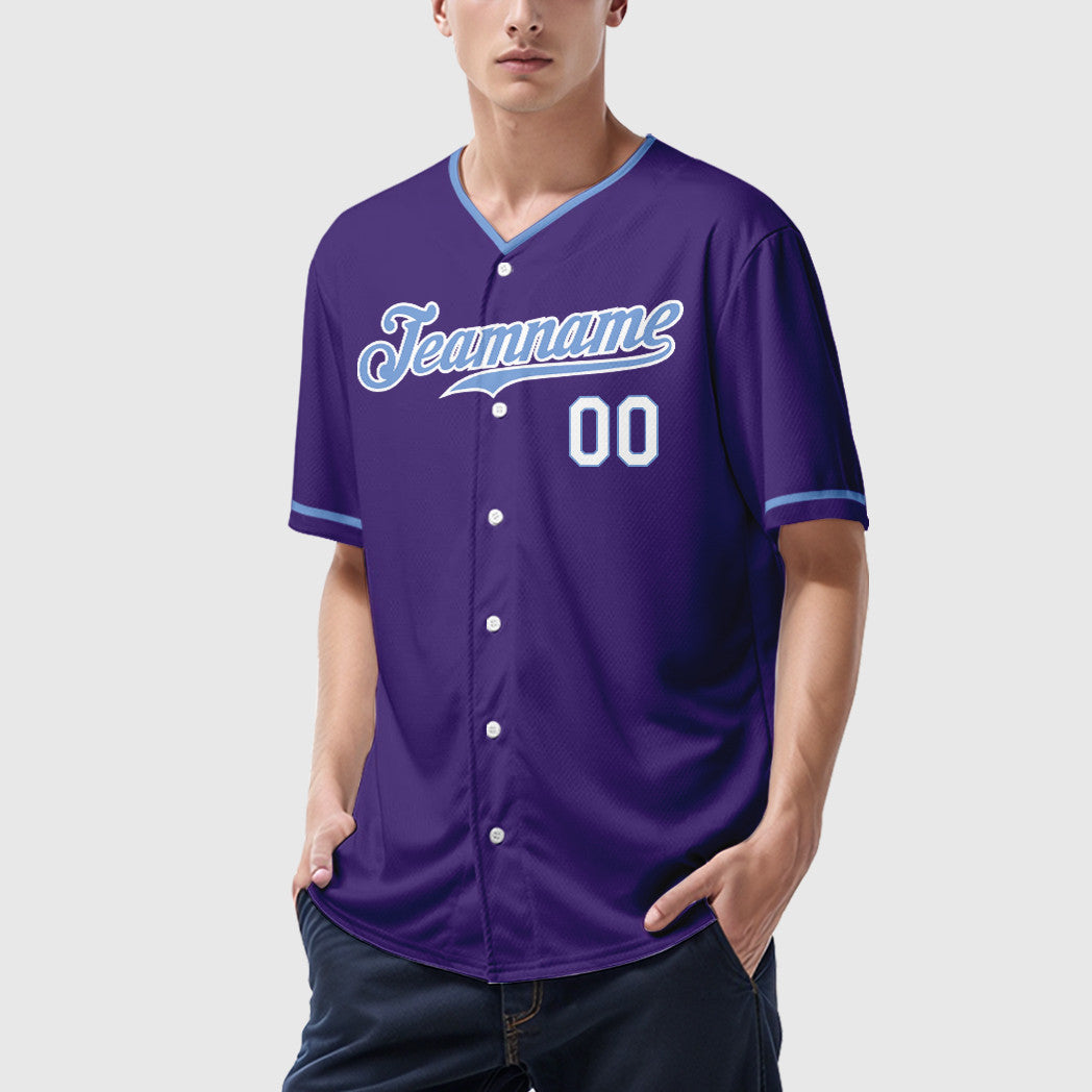 Custom Purple White Light Blue-White Collar Sleeve Baseball Jersey