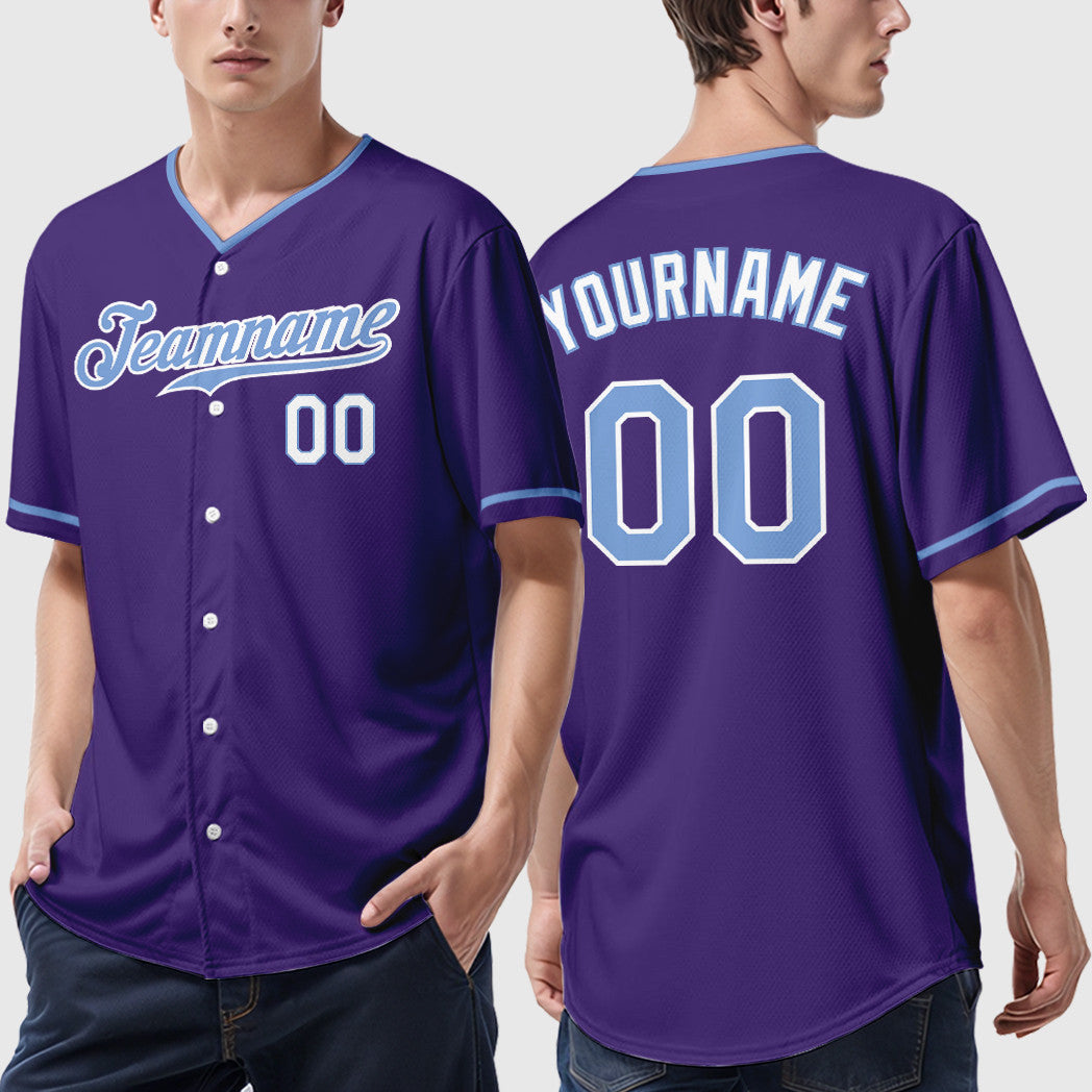 Custom Purple White Light Blue-White Collar Sleeve Baseball Jersey